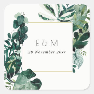 Monstera Green Foliage Monogram Wedding Quadratischer Aufkleber