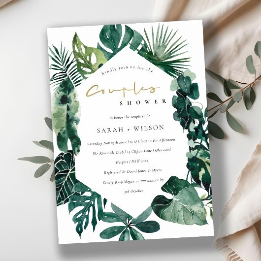 Monstera Green Leafy Hexagonal Couples Duschkarte Dankeskarte