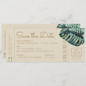 Monstera Green und Tan Boarding Pass Save the Date Ankündigung (Vorne/Hinten)