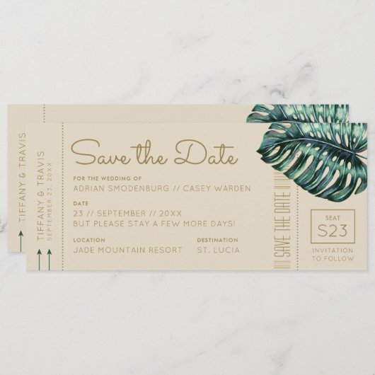 Monstera Green und Tan Boarding Pass Save the Date Ankündigung (Vorne/Hinten)