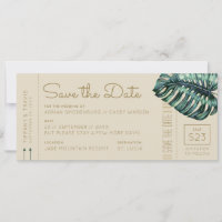 Monstera Green und Tan Boarding Pass Save the Date