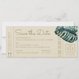 Monstera Green und Tan Boarding Pass Save the Date Ankündigung