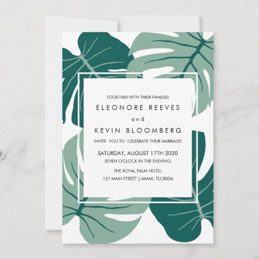 Monstera | Grün | Tropische Blätter für die Hochze Einladung (Vorderseite)