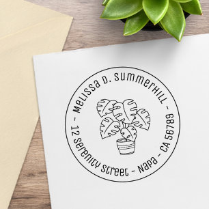 Monstera Houseplant Runde Adresse Gummistempel
