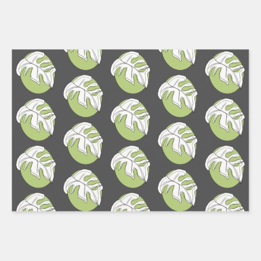 Monstera Leaf Abstrakte Pflanze Illustration Grau Geschenkpapier Set (Vorderseite 3)