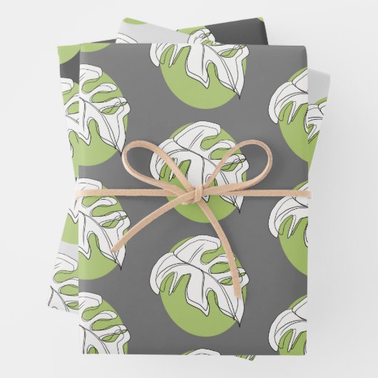 Monstera Leaf Abstrakte Pflanze Illustration Grau Geschenkpapier Set (Beispiel)