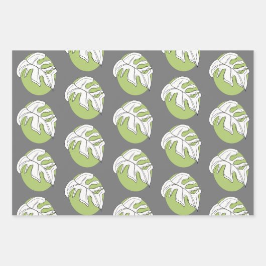 Monstera Leaf Abstrakte Pflanze Illustration Grau Geschenkpapier Set (Vorderseite)