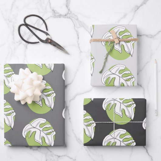 Monstera Leaf Abstrakte Pflanze Illustration Grau Geschenkpapier Set (Vorderseite)