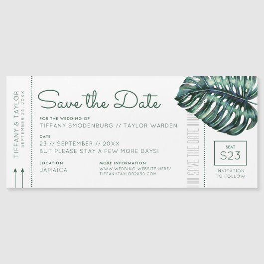 Monstera Leaf Boarding Pass Magnet Save the Date (Vorderseite)