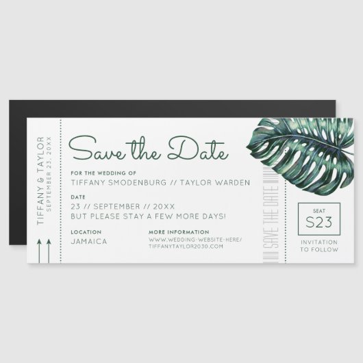 Monstera Leaf Boarding Pass Magnet Save the Date (Vorne/Hinten)