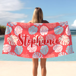 Monstera Leaf Colorful Coral Tropical Script Name Strandtuch