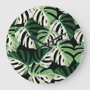 Monstera Leaf Exotic Black Pattern Große Wanduhr