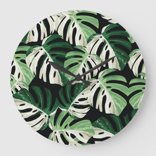 Monstera Leaf Exotic Black Pattern Große Wanduhr (Vorderseite)