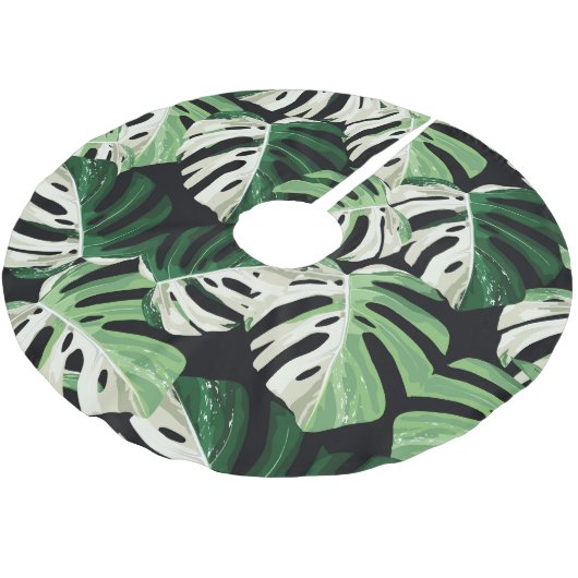 Monstera Leaf Exotic Black Pattern Polyester Weihnachtsbaumdecke (Schrägansicht)