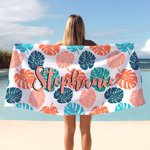 Monstera Leaf farbenfrohe Marine und Korallenschri Strandtuch