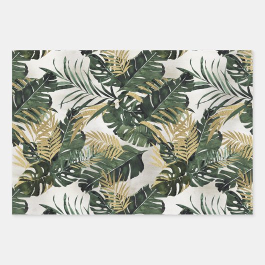 Monstera Leaf & Gold Majesty Palm Leaf Grüne Geschenkpapier Set (Vorderseite 2)