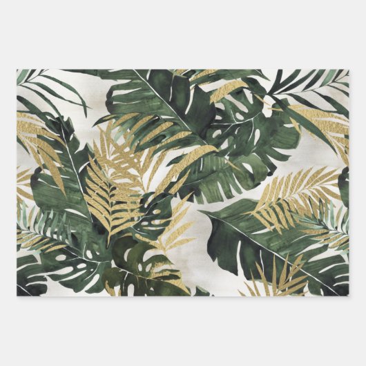Monstera Leaf & Gold Majesty Palm Leaf Grüne Geschenkpapier Set (Vorderseite)
