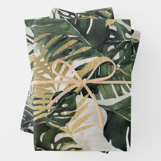 Monstera Leaf & Gold Majesty Palm Leaf Grüne Geschenkpapier Set (Beispiel)