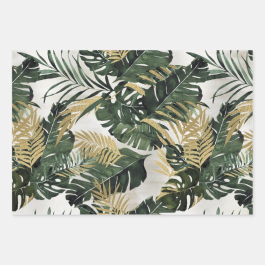 Monstera Leaf & Gold Majesty Palm Leaf Grüne Geschenkpapier Set (Vorderseite 3)