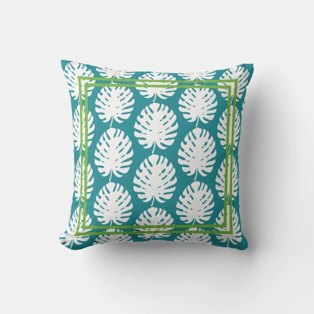 Monstera Leaf Green Aqua Pattern Küstenstrand Kissen (Vorderseite)