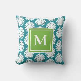 Monstera Leaf Green Aqua White Monogram Coastal Kissen