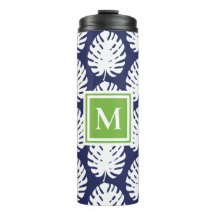 Monstera Leaf Green Navy White Monogram Coastal Thermosbecher