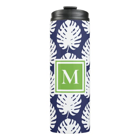 Monstera Leaf Green Navy White Monogram Coastal Thermosbecher (Vorderseite)