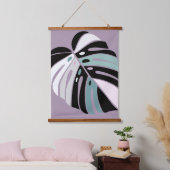 Monstera Leaf - Lila grünes Schwarz-weiß Wandteppich Mit Holzrahmen (Schlafzimmer)