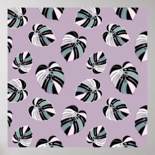 Monstera Leaf Muster - Lila grünes Schwarz-weiß Poster