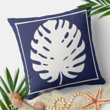 Monstera Leaf Navy Blue and White Coastal Moderne