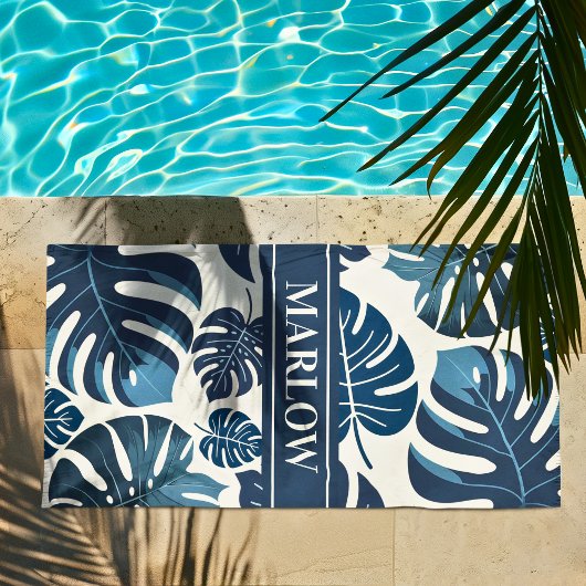 Monstera Leaf Navy & White Tropical Beach Handtuch