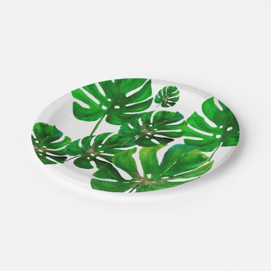 Monstera leaf pattern on paper party plate pappteller (Schrägansicht)