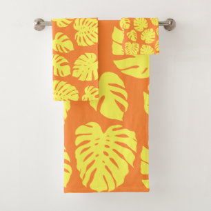 Monstera Leaf Pflanze Botanisch in Gelb und Orange Badhandtuch Set