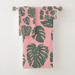 Monstera Leaf Pflanze Botanisch in Rosa und Grün Badhandtuch Set