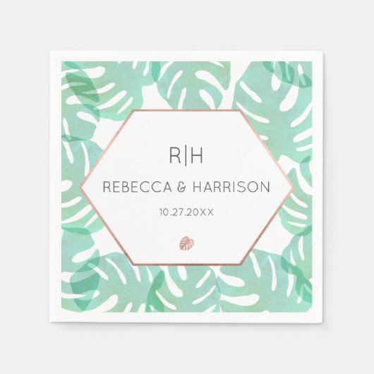 Monstera Leaf & Rose Gold Serviette (Vorderseite)