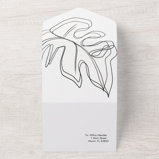 Monstera Leaf Schwarz-weiße Hochzeit All In One Einladung (Außenbereich)