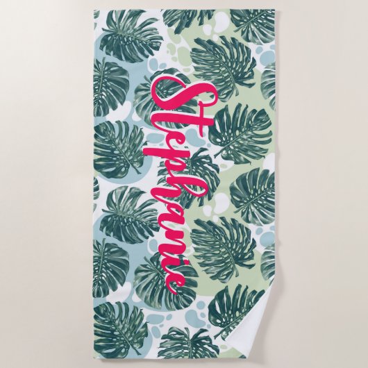 Monstera Leaf Tropical Palm Hot Pink Script Name Strandtuch (Vorderseite)
