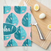 Monstera Leaves - Blue and Pink Geschirrtuch (Viertel Falte)
