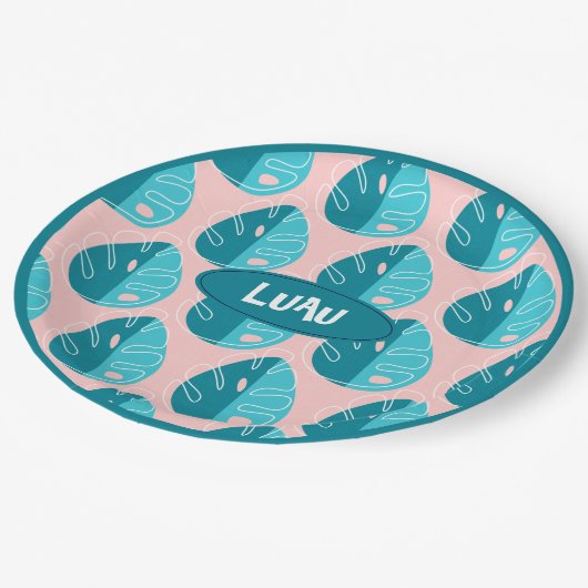 Monstera Leaves - Blue and Pink Pappteller (Schrägansicht)