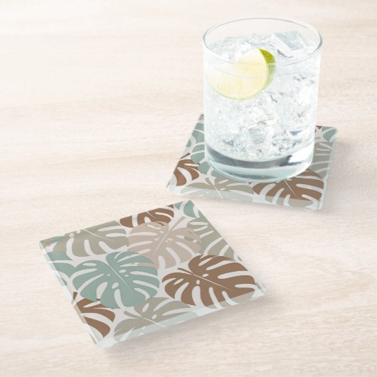 Monstera modern hawaii Boho Glasuntersetzer (Schrägansicht)