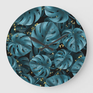 Monstera Palm, Golden Splash Nahtlos. Große Wanduhr