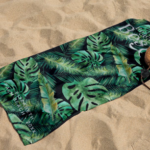 Monstera-Palme-Banane-Tropische-Blätter Monogram Strandtuch