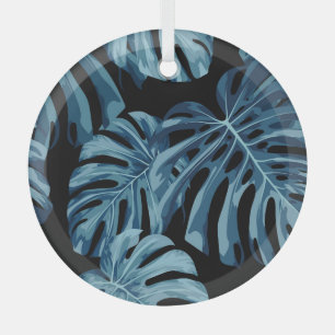 Monstera-Pflanze: blaues Blätter-Muster. Ornament Aus Glas