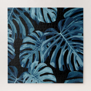 Monstera-Pflanze: blaues Blätter-Muster. Puzzle
