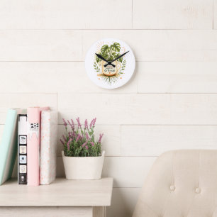 Monstera-Pflanze in Kaffeetasse   Cozy Botanical  Runde Wanduhr