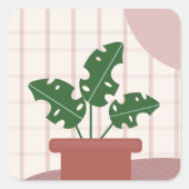 Monstera Pflanze Terracotta Karierter Hintergrund  Quadratischer Aufkleber (Vorderseite)