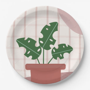 Monstera-Pflanzen Terrakotta-Karo-Hintergrund Rosa Pappteller