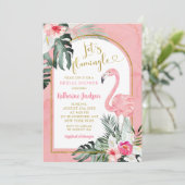 Monstera Pink Tropical Flamingo Brautparty Einladung (Stehend Vorderseite)