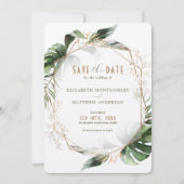 Monstera Save the Date Green & Gold Wedding Einladung (Vorderseite)