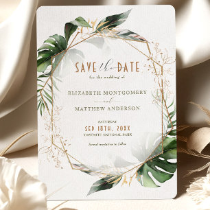 Monstera Save the Date Green & Gold Wedding Einladung